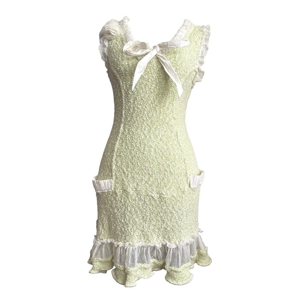 Vintage Zone Blue Paris Boucle Tweed Knit Dress Pale  Green Old Money Coquette S